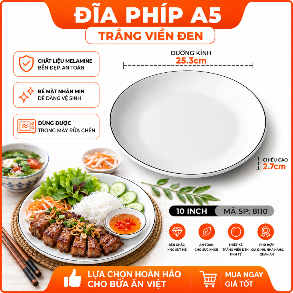 Đĩa Phíp ( Melamine A5 )  Trắng Viền Đen – Phong Cách Bắc Âu Cổ Điển Sang Trọng  8110