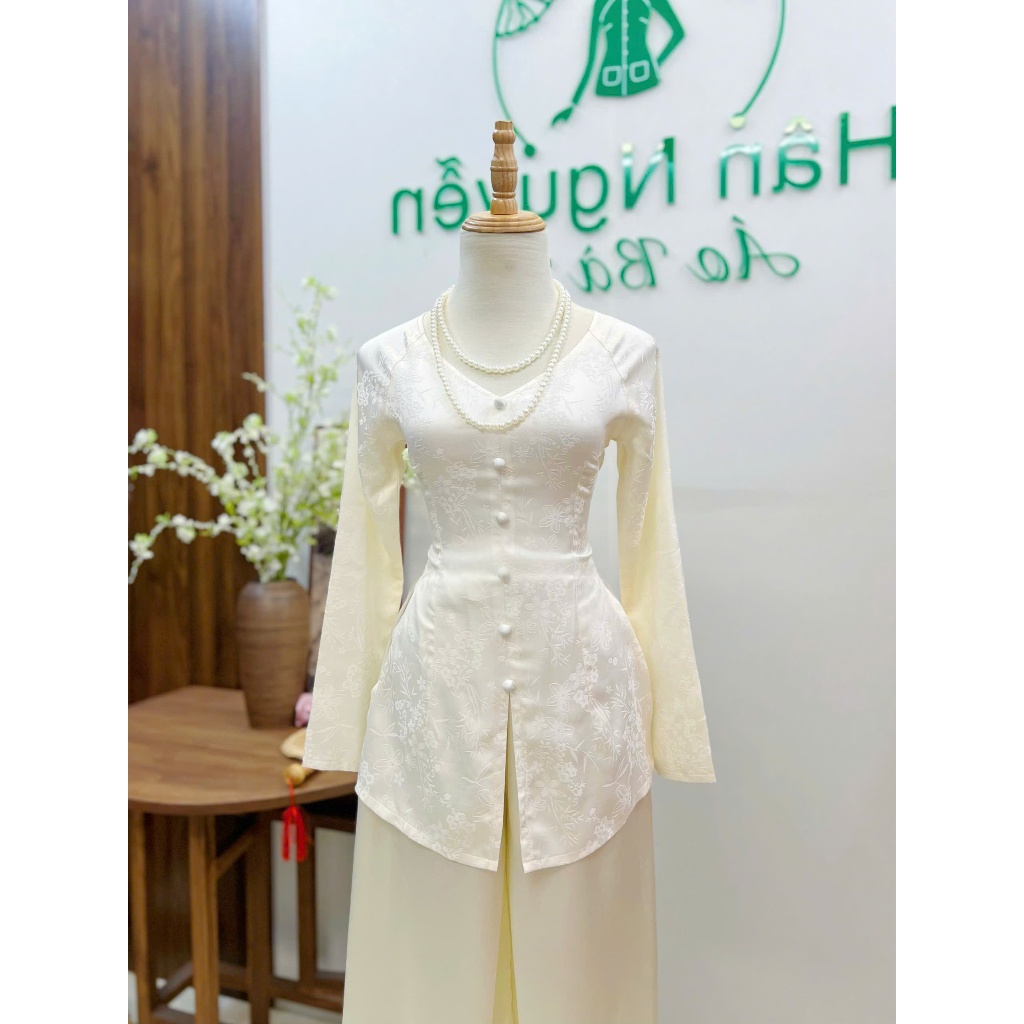 B.A206 - Áo Bà Ba GấM Tơ DệT HoA Lá TrúC Cổ TiM Nút Nụ BọC DâY KéO TaY Dài (QUẦN LỤA)