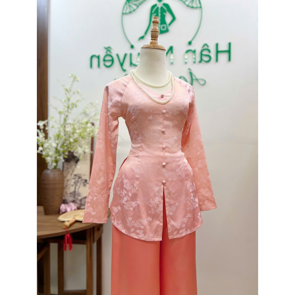 B.A206 - Áo Bà Ba GấM Tơ DệT HoA Lá TrúC Cổ TiM Nút Nụ BọC DâY KéO TaY Dài (QUẦN LỤA)