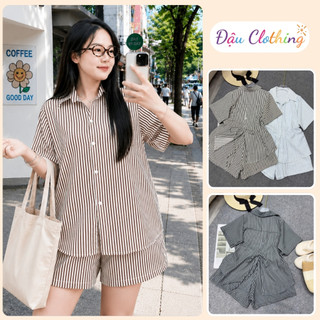 Set Bộ Sơ Mi Bigsize Nữ Somi Tay Ngắn Xẻ Tà Lưng Cá Tính Phối Quần Đùi Sọc SET878