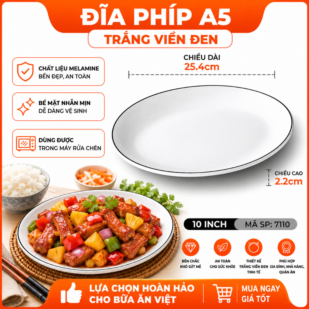 Đĩa Phíp ( Melamine )  Trắng Viền Đen – Phong Cách Bắc Âu Cổ Điển Sang Trọng 7110