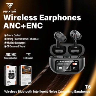 Tai nghe Bluetooth TWS PHANTOM T6 V5.4, pin 5H, chống ồn ANC + ENC, màn hình LCD điều khiển (Đen) - Phụ Kiện Nhất Tín