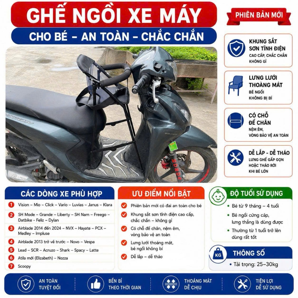 [ KHUNG ĐEN KÈM DÂY ] Ghế ngồi xe tay ga sắt sơn tĩnh điện đen , an toàn cho bé ( CHỌN ĐÚNG TÊN XE BẠN NHÉ )