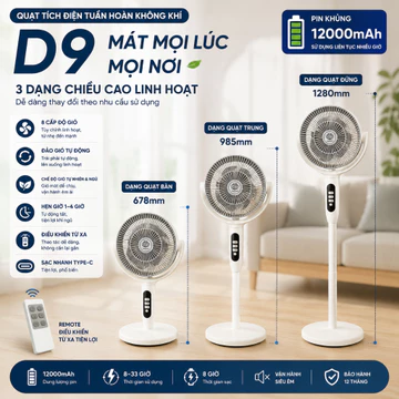 Quạt Tích Điện Tuần Hoàn Không Khí D9 12000mAh Có Remote, Quạt Đứng Điều Chỉnh 3 Chiều Cao, 8 Cấp Gió, Đảo Gió Tự Động