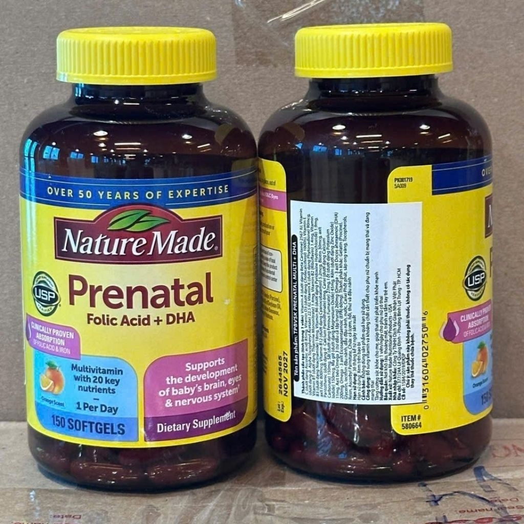 [Mẫu Mới Vị Cam+Date 2027] Vitamin Tổng Hợp+DHA Prenatal Bầu Mỹ Nature Made Prenatal Folic Acid + DHA 150 viên