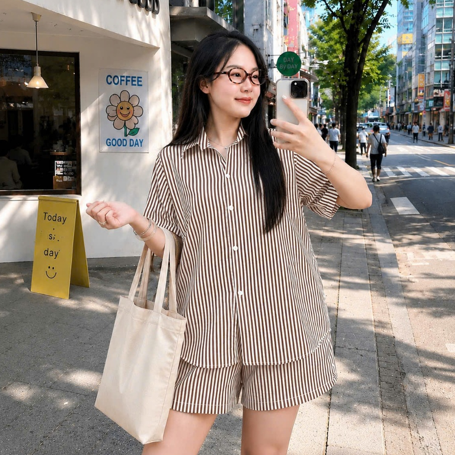 Sét Bigsize Nữ Sơ Mi Kẻ Sọc Tay Ngắn Phối Quần Đùi, Form Rộng Che Khuyết Điểm 50-92kg SET878 Q581