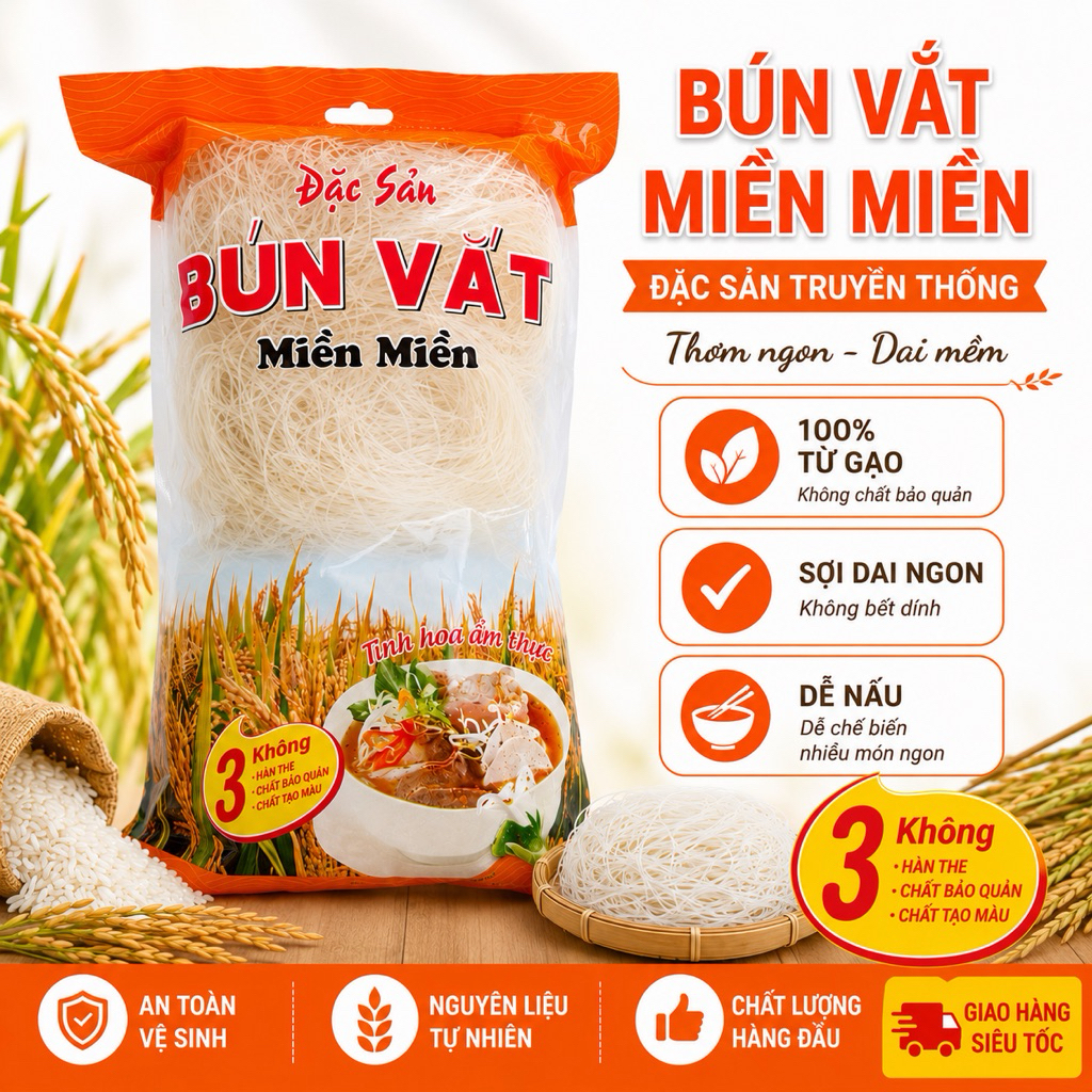 Bún Vắt Miền Miền - Bún Tươi Sấy Khô Thơm Ngon dai mềm, Làm Hoàn Toàn Từ Gạo 350g đặc sản Hải Dương