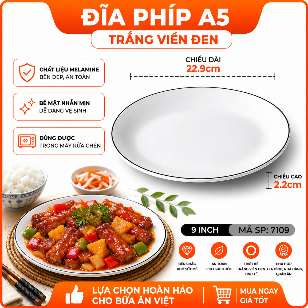 Đĩa Phíp ( Melamine )  Trắng Viền Đen – Phong Cách Bắc Âu Cổ Điển Sang Trọng  7109