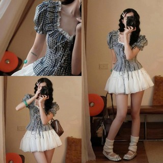 Áo Nữ Cổ Vuông Tay Bồng Kẻ Caro Dây Buộc Nơ Xinh Xắn Phong Cách Hàn Quốc 247Store Ao0606