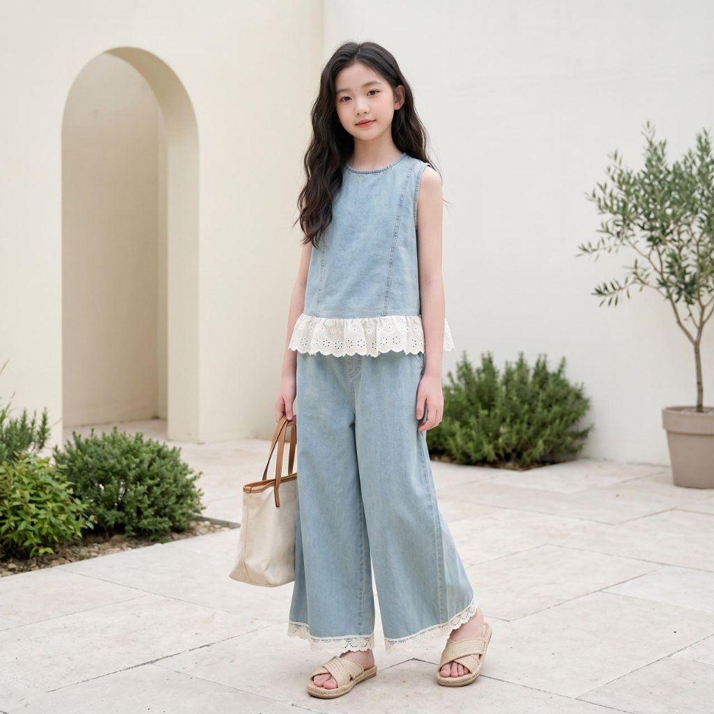 Set jean sát nách phối ren cho bé gái size đại BEESHOP H26091