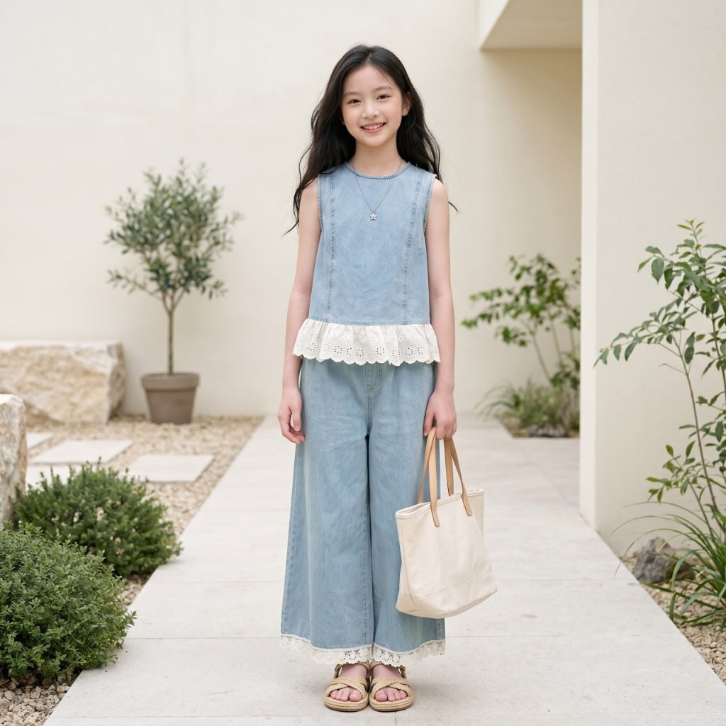 Set jean sát nách phối ren cho bé gái size đại BEESHOP H26091