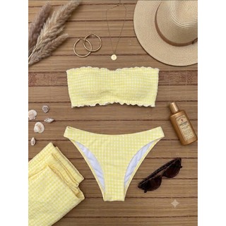 Tặng quây váy - Bikini 2 mảnh, bộ đồ bơi nữ đi biển màu vàng caro có đệm ngực hàng VNXK