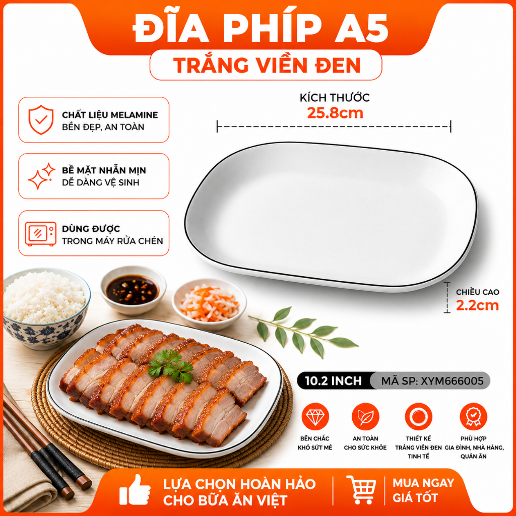 Đĩa Phíp ( Melamine )  Trắng Viền Đen – Phong Cách Bắc Âu Cổ Điển Sang Trọng  666005