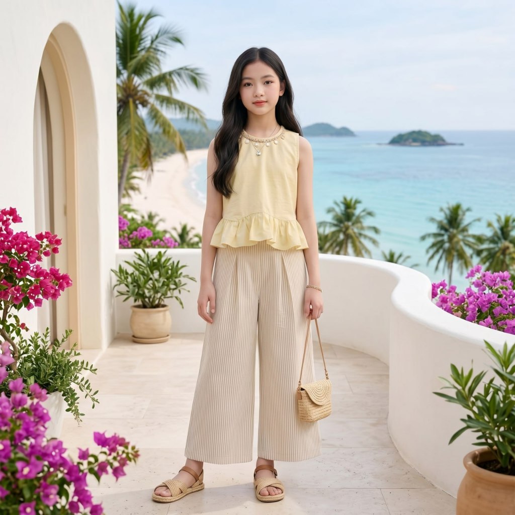 Set áo đũi tơ kèm quần sớ kẻ sọc cho bé gái size đại BEESHOP H26093