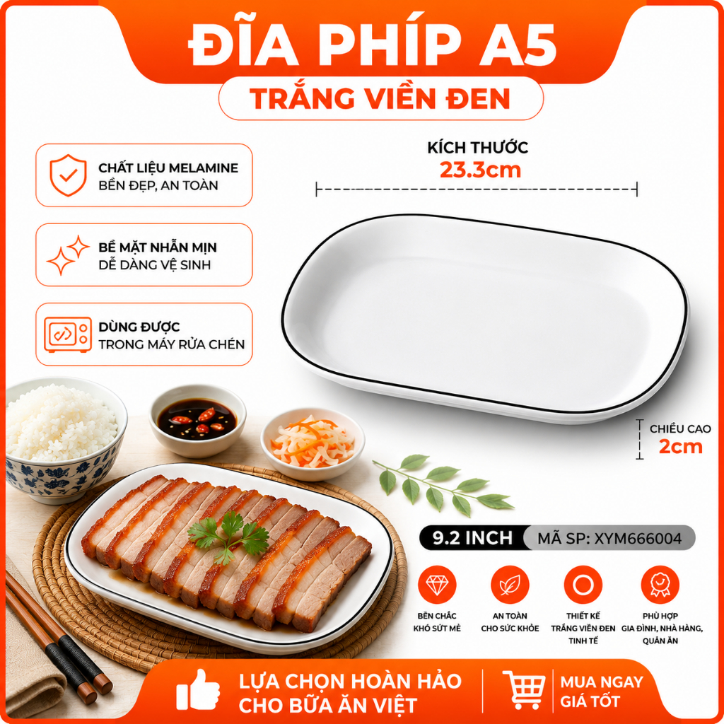 Đĩa Phíp ( Melamine )  Trắng Viền Đen – Phong Cách Bắc Âu Cổ Điển Sang Trọng 666004