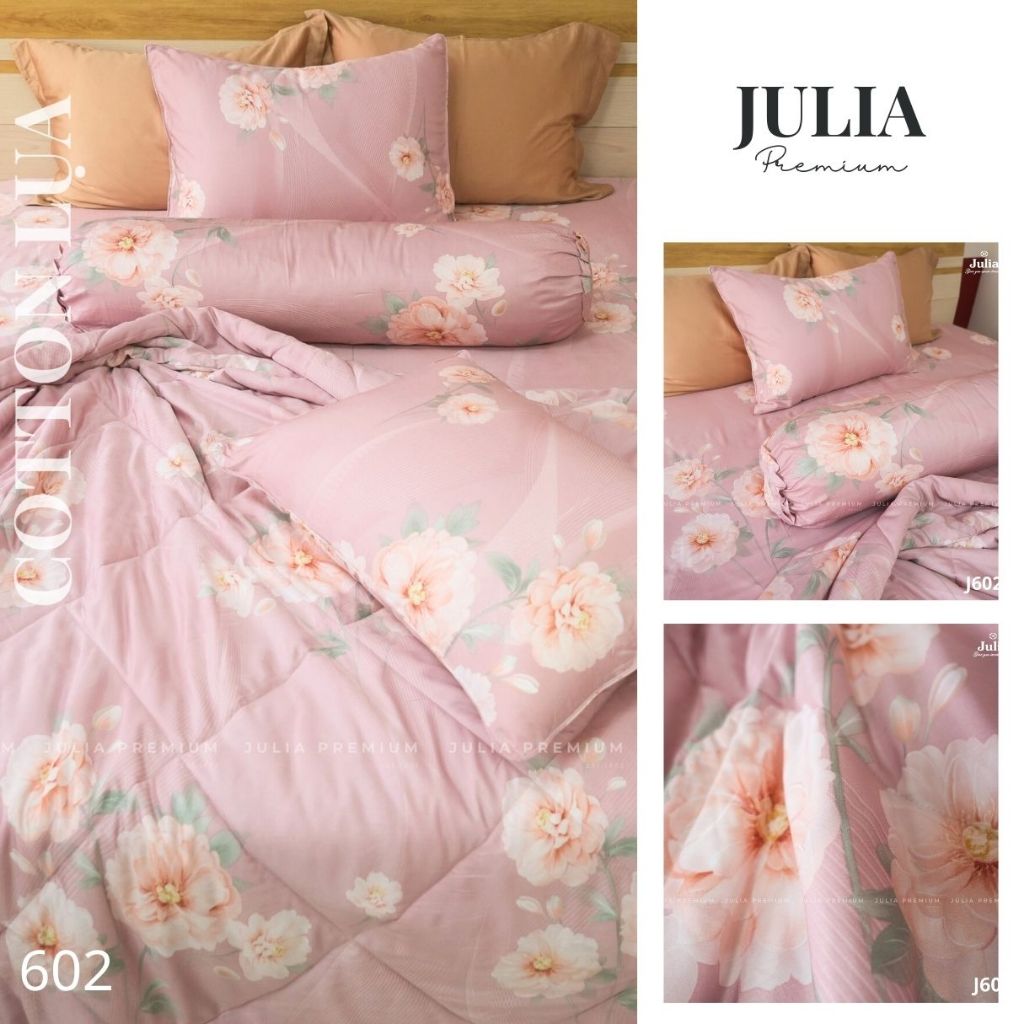 Bộ Chăn Ga Gối Cotton Lụa 100% sợi tự nhiên Cao Cấp Julia- Mềm Mịn, Thoáng Mát, Ga Giường Bọc Thun – Hồng Hoa 602