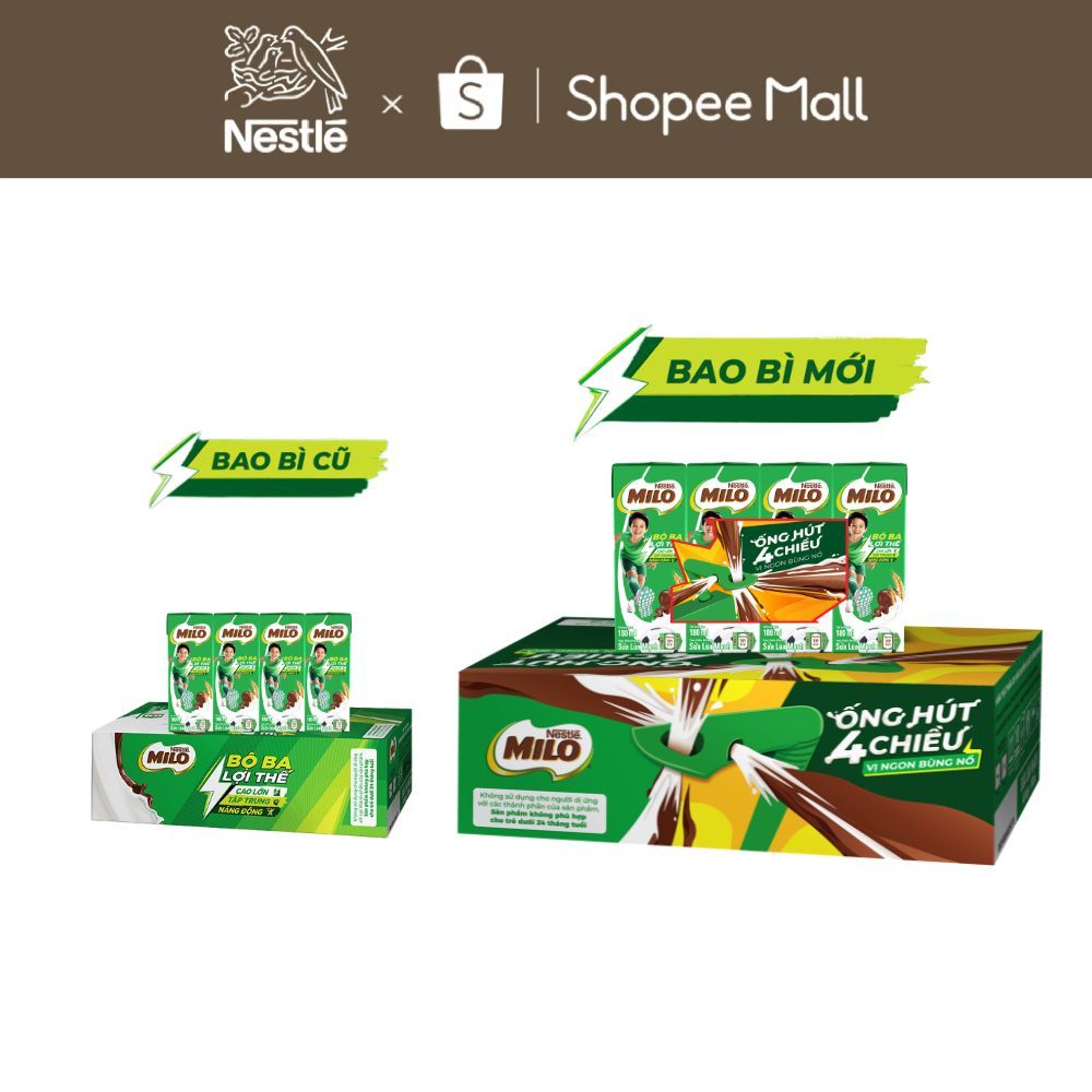 [Live][Phiên bản ống hút 4 chiều] Sữa lúa mạch Nestlé MILO thùng 12 x 180ml (12x4x180ml)