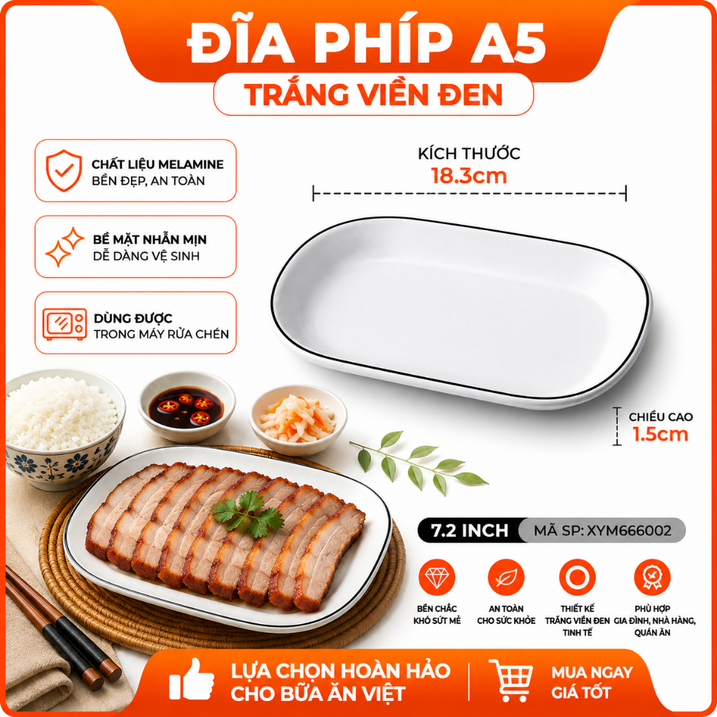Đĩa Phíp ( Melamine )  Trắng Viền Đen – Phong Cách Bắc Âu Cổ Điển Sang Trọng 666002
