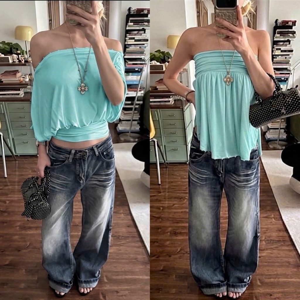 (sẵn 2M)Áo trễ vai quây màu xanh ngọc tiffany blue và trắng trơn chất thun kết hợp khuy cài ATV047 - TikTik