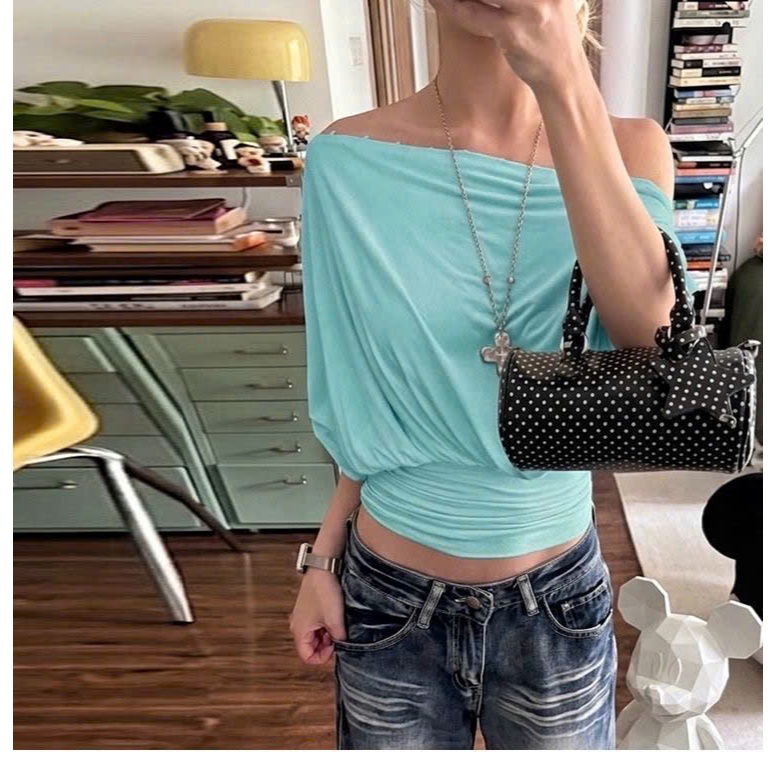 (sẵn 2M)Áo trễ vai quây màu xanh ngọc tiffany blue và trắng trơn chất thun kết hợp khuy cài ATV047 - TikTik