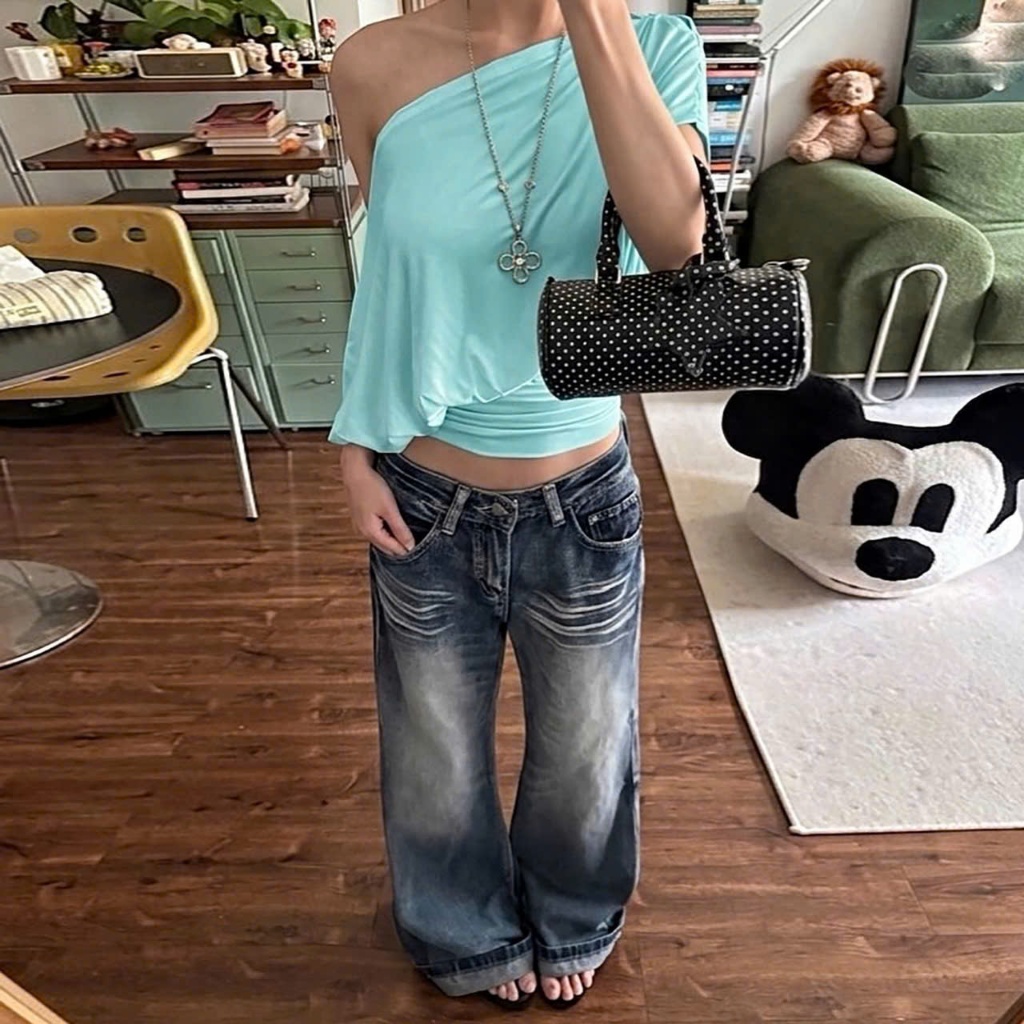 (sẵn 2M)Áo trễ vai quây màu xanh ngọc tiffany blue và trắng trơn chất thun kết hợp khuy cài ATV047 - TikTik