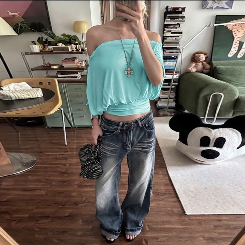(sẵn 2M)Áo trễ vai quây màu xanh ngọc tiffany blue và trắng trơn chất thun kết hợp khuy cài ATV047 - TikTik
