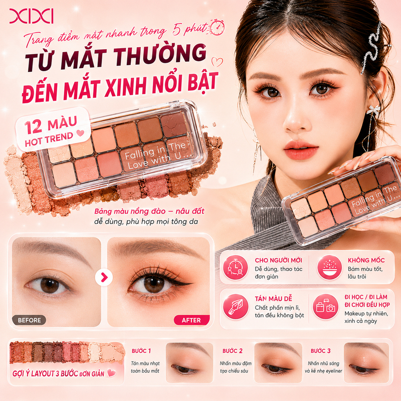 XIXI Combo Kem Nền D639 + Bảng Mắt D820 12 Màu, Che Phủ Mỏng Nhẹ, Lâu Trôi, Dễ Dùng