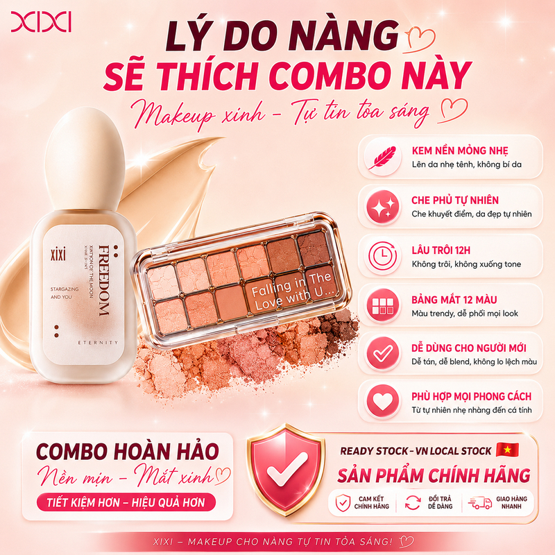 XIXI Combo Kem Nền D639 + Bảng Mắt D820 12 Màu, Che Phủ Mỏng Nhẹ, Lâu Trôi, Dễ Dùng