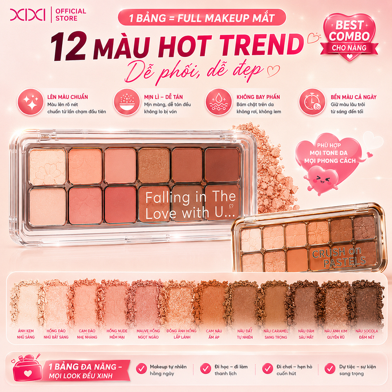 XIXI Combo Kem Nền D639 + Bảng Mắt D820 12 Màu, Che Phủ Mỏng Nhẹ, Lâu Trôi, Dễ Dùng
