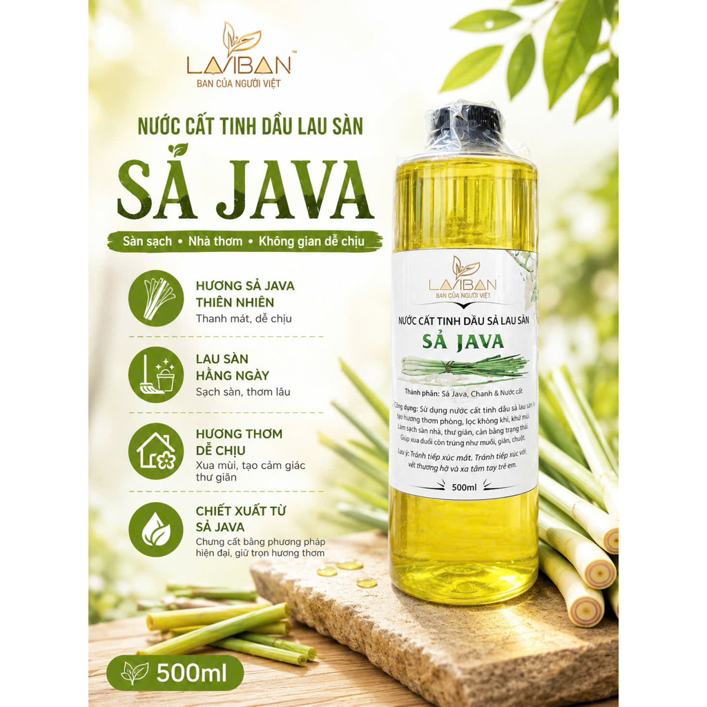 Nước Cất Tinh Dầu Sả Loại 1 LAVIBAN xông phòng, lau phòng, đuổi muỗi 500ml - Hương Sả Java