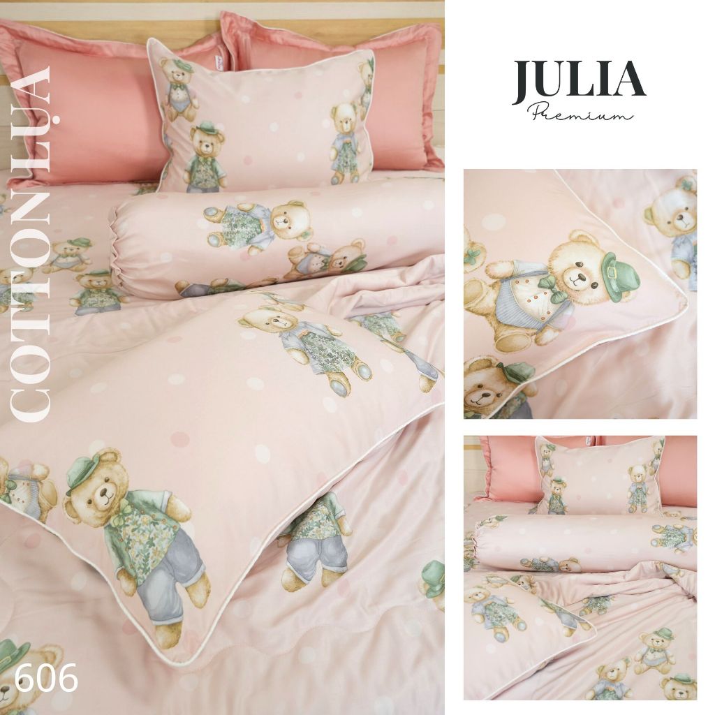 Bộ Chăn Ga Gối Cotton Lụa 100% sợi tự nhiên Cao Cấp Julia- Mềm Mịn, Thoáng Mát, Ga Giường Bọc Thun – Gấu Hồng 606