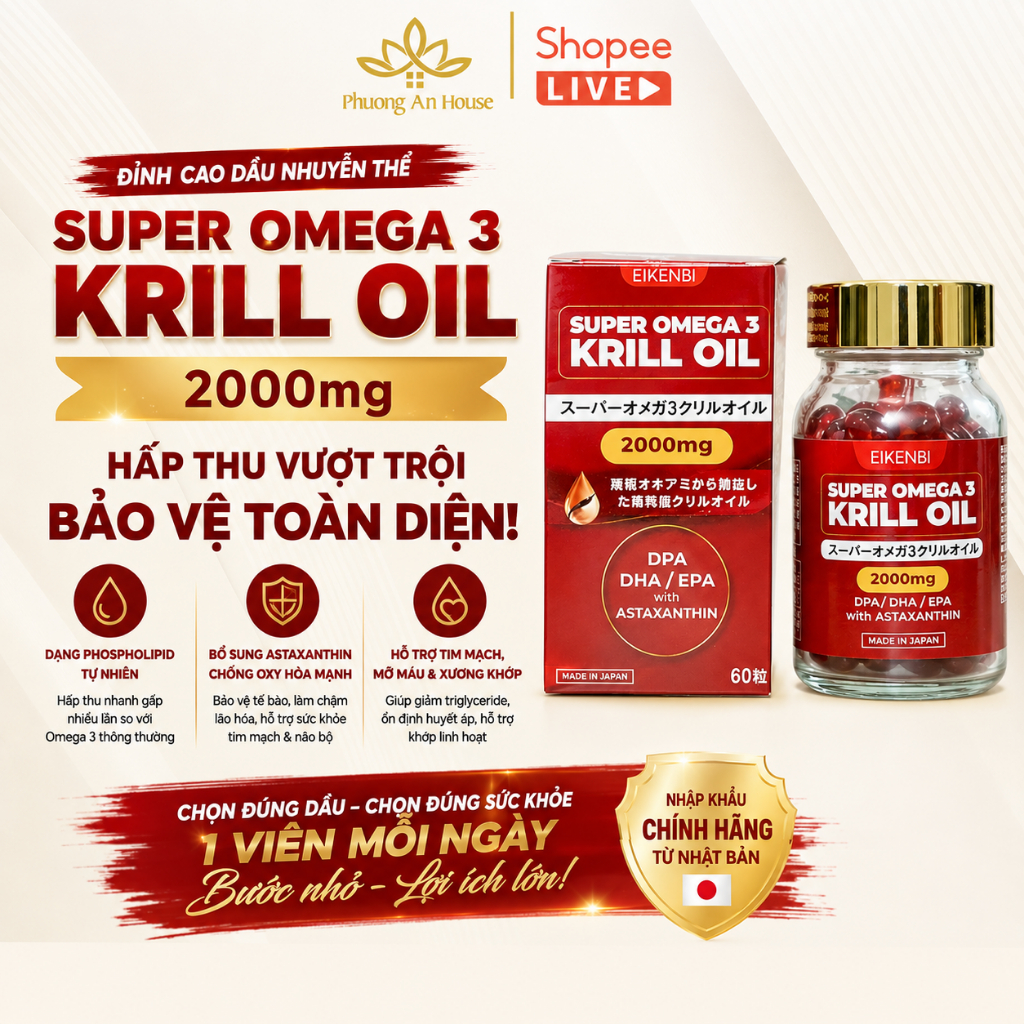 Viên Uống Dầu Nhuyễn Thể Super Omega 3 Krill Oil 2000mg Eikenbi [Hộp 60 viên]