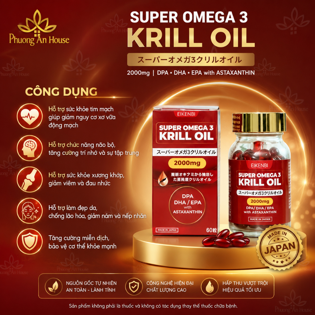 Viên Uống Dầu Nhuyễn Thể Super Omega 3 Krill Oil 2000mg Eikenbi [Hộp 60 viên]