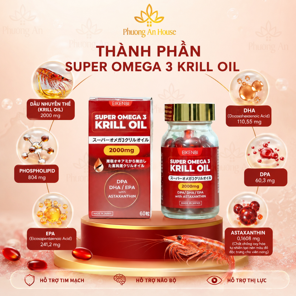 Viên Uống Dầu Nhuyễn Thể Super Omega 3 Krill Oil 2000mg Eikenbi [Hộp 60 viên]