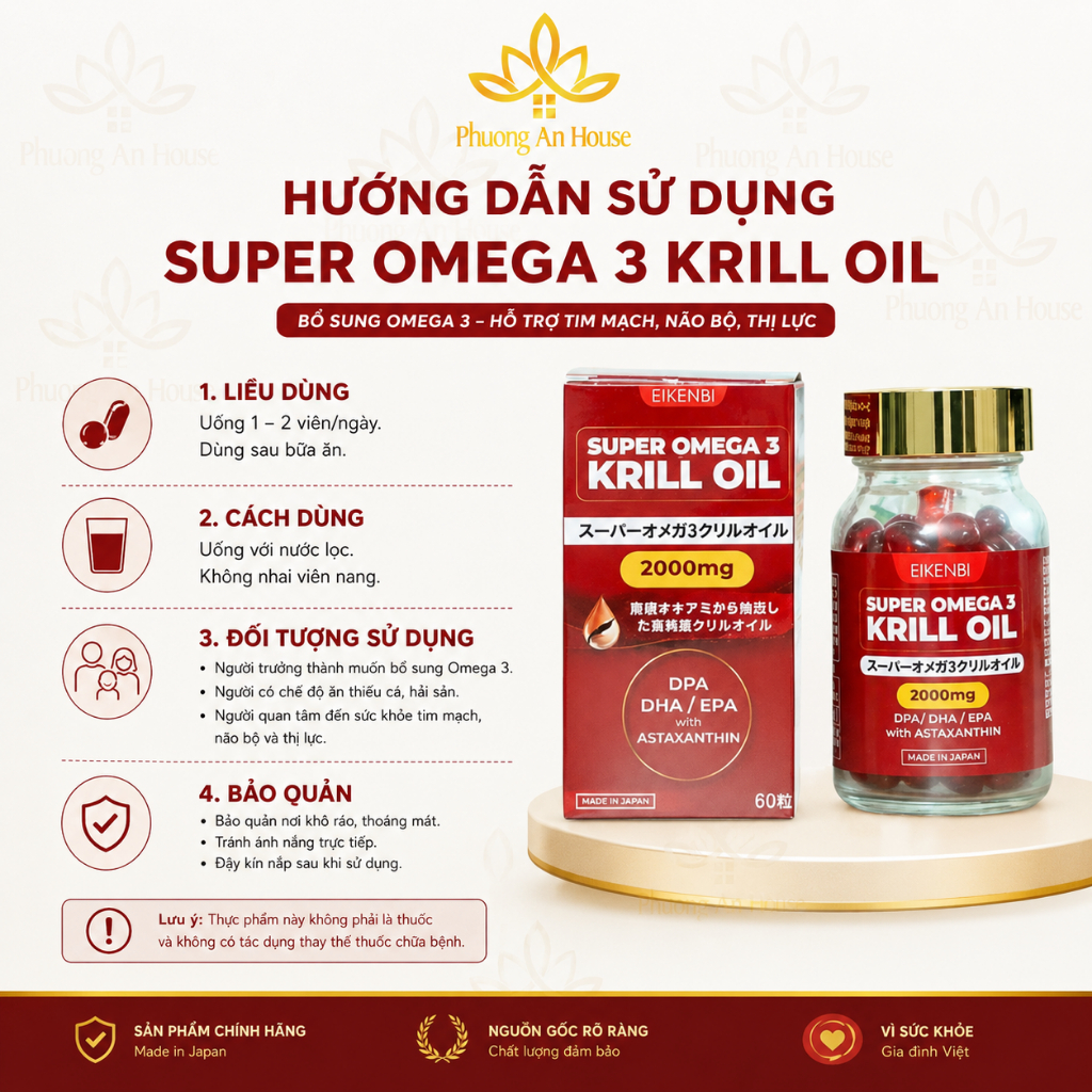 Viên Uống Dầu Nhuyễn Thể Super Omega 3 Krill Oil 2000mg Eikenbi [Hộp 60 viên]