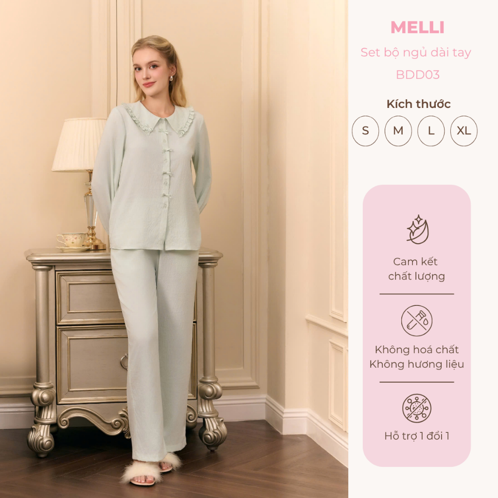 Đồ Ngủ Nữ Dài Tay Mặc Nhà Nữ Cổ Bèo, chất đũi cotton mềm mịn phù hợp mặc nhà - BDD03