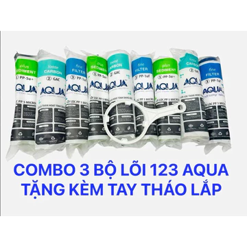 Combo 3 bộ lõi lọc thô 123 Aqua + 1 tay vặn cốc | Bộ 9 Lõi Lọc nước 1 2 3 AQUA Chính Hãng Dùng được cho mọi loại máy lọc