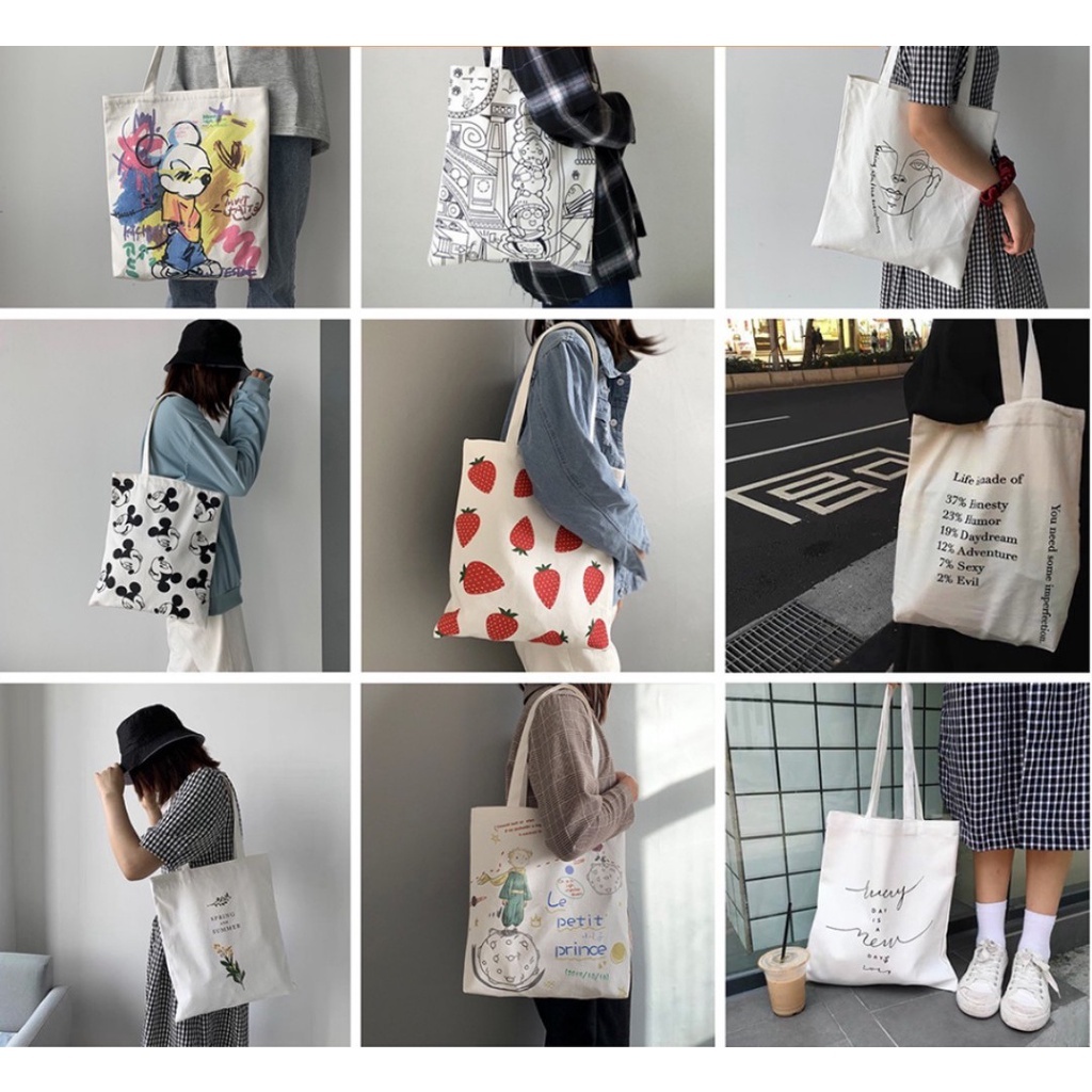 Túi tote có khóa nhiều hình dễ thương túi vải tote dày dặn canvas tote thời trang hot trend 35x40cm tota0327