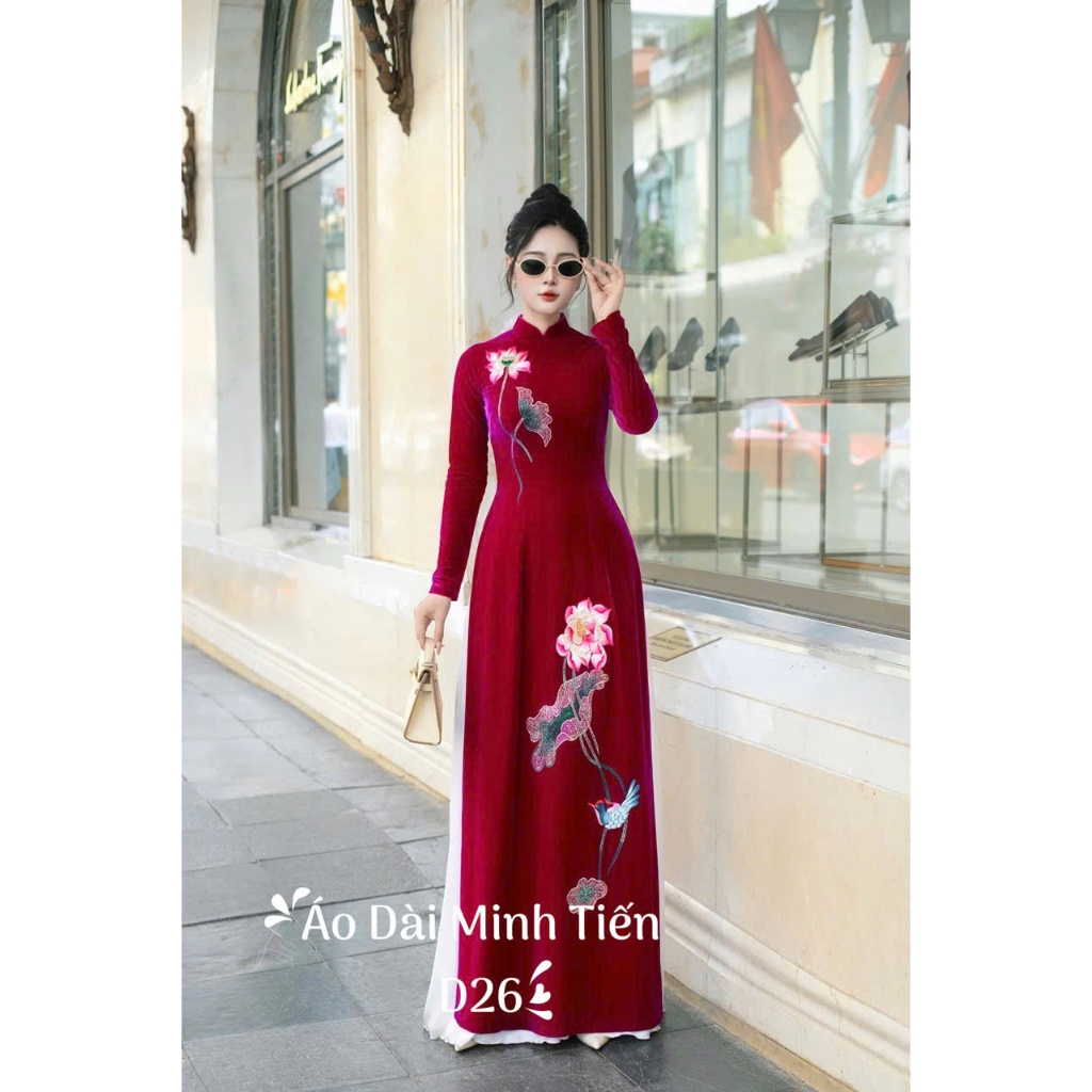 Áo Dài Chất Liệu Nhung The Cao Cấp - Hàng May Và Thêu Thủ Công Tỉ Mỉ Từng Áo - Mã D26 Màu Hồng Sen