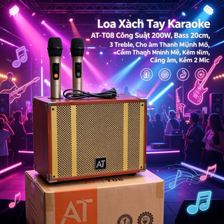 Loa Karaoke Xách Tay AT T8 Âm Thanh Vòm Sống Động, Thiết Kế Di Động, Dạng Xách Tay Dễ Dàng, 2 Míc Hát Nhẹ Chống Hú