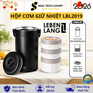 Hộp Cơm Giữ Nhiệt Lebenlang LBL2019 2.4L 3 Tầng Chống Tràn, Giữ Nóng Lâu, Kèm Muỗng Đũa Inox 304