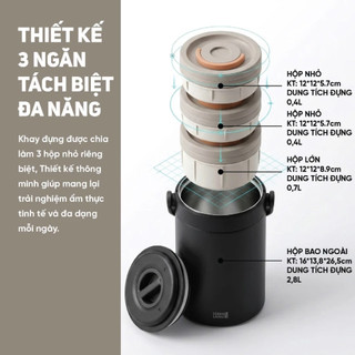 Hộp Cơm Giữ Nhiệt Lebenlang LBL2019 2.4L 3 Tầng Chống Tràn, Giữ Nóng Lâu, Kèm Muỗng Đũa Inox 304