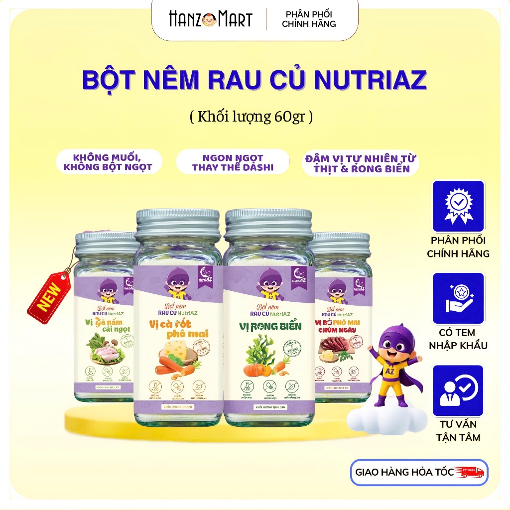Hạt Nêm Cho Bé Ăn Dặm NutriAZ, Gia Vị Ăn Dặm Rau Củ An Toàn Cho Bé Từ 6 Tháng Tuổi, Không Muối