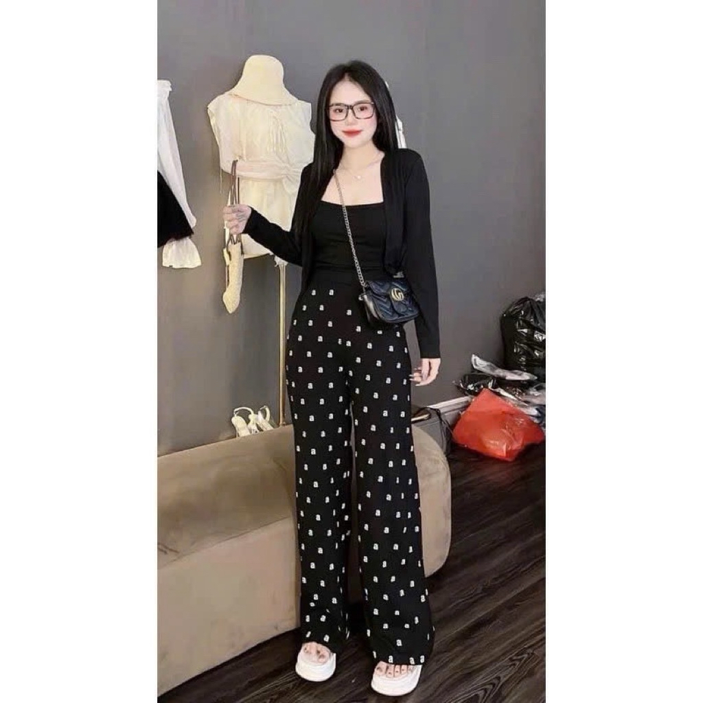 sét bộ 3 món, áo dây kèm áo khoác ngoài tay dài màu trơn, quần suông in full chữ a, chất thun tăm lạnh