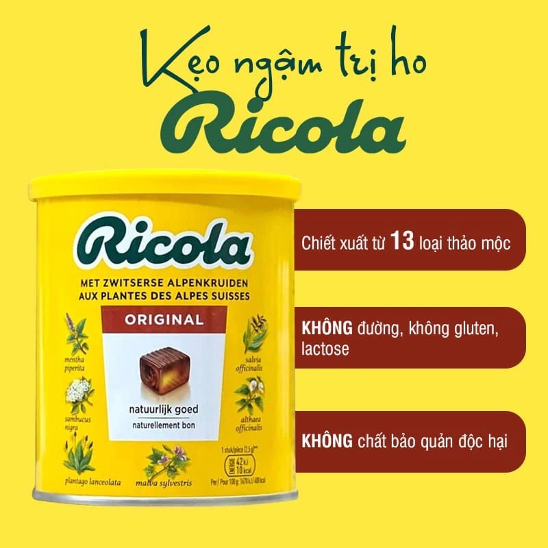Kẹo Ngậm Thảo Mộc Giảm Ho Rát Họng Ricola Original Herb Lemon Mint Sugar Free (Gói 75g/100g/250g)