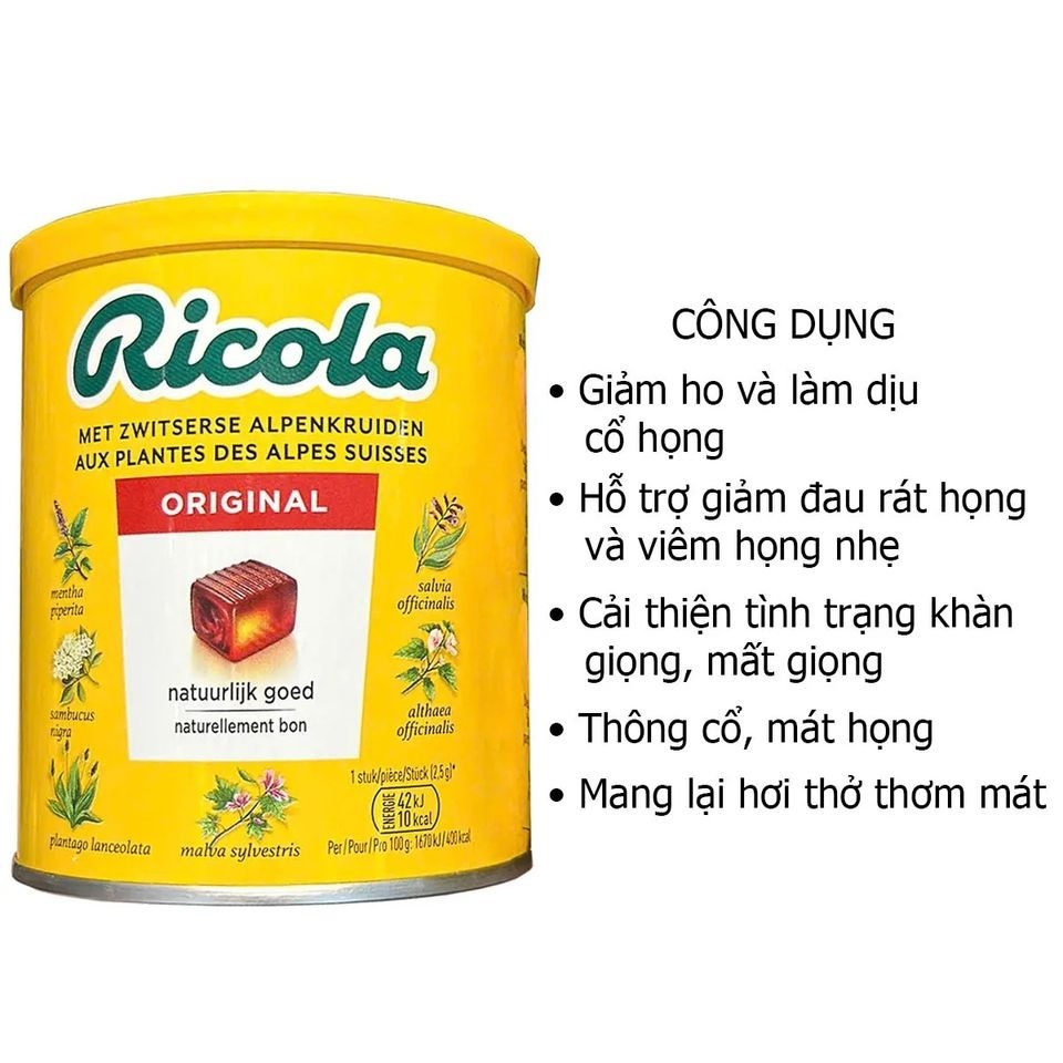 Kẹo Ngậm Thảo Mộc Giảm Ho Rát Họng Ricola Original Herb Lemon Mint Sugar Free (Gói 75g/100g/250g)