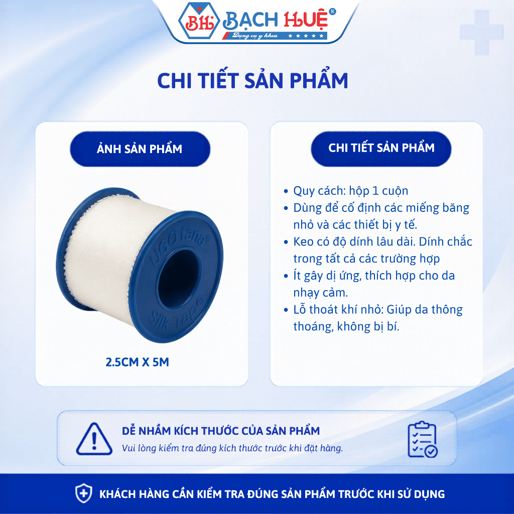 Cuộn Băng Keo Lụa Y Tế Ugo Tana 2.5cm x 5m – Băng Cuộn Lụa Dán Cố Định Gạc Vết Thương Siêu Dính