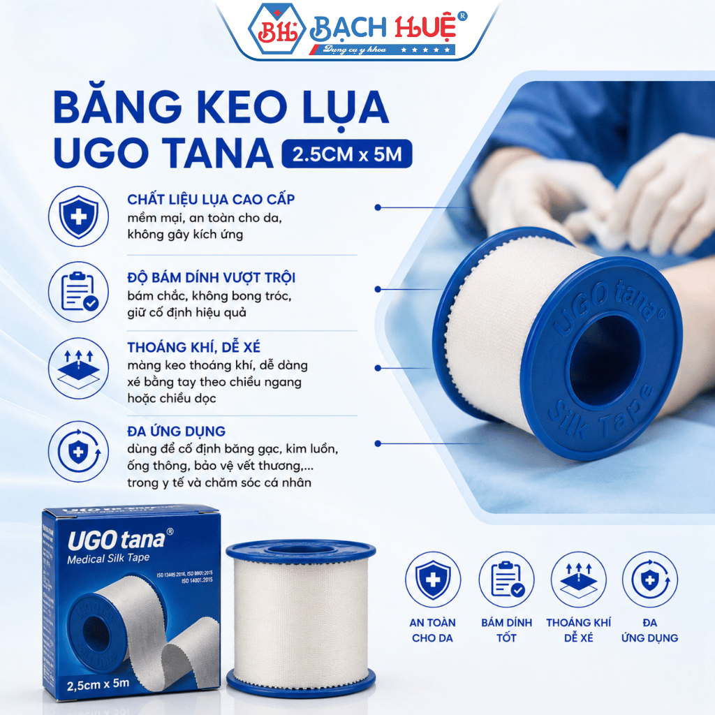 Cuộn Băng Keo Lụa Y Tế Ugo Tana 2.5cm x 5m – Băng Cuộn Lụa Dán Cố Định Gạc Vết Thương Siêu Dính