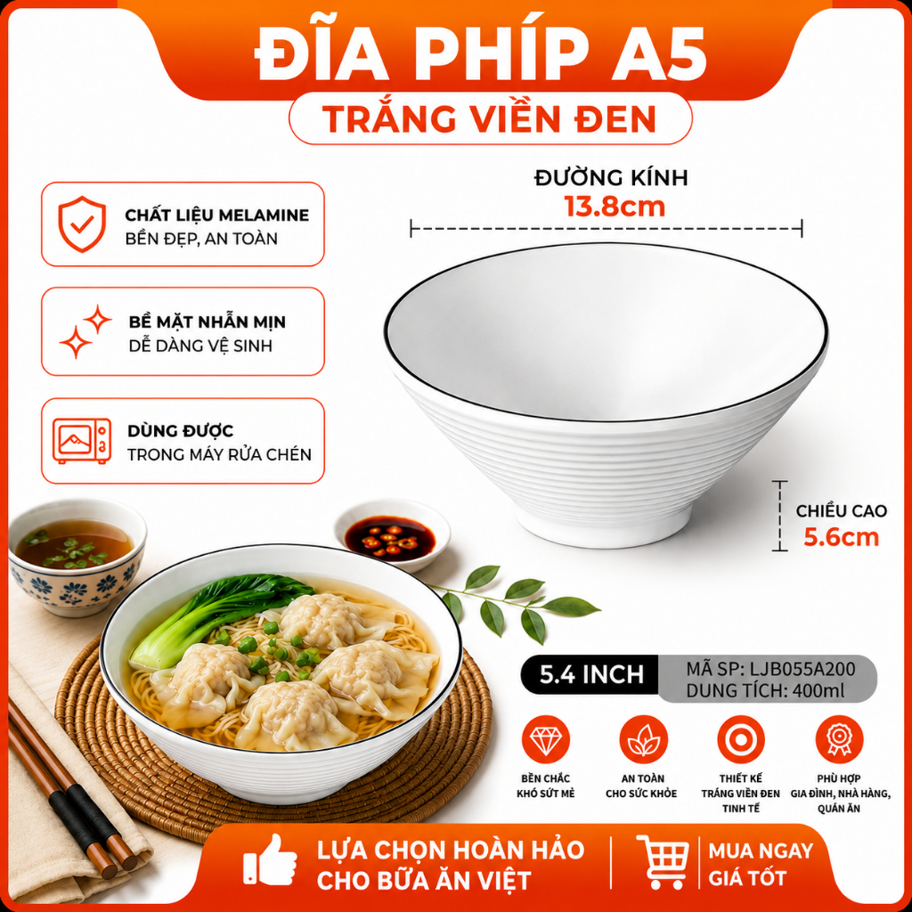 Đĩa Phíp ( Melamine A5 )  Trắng Viền Đen – Phong Cách Bắc Âu Cổ Điển Sang Trọng  055A200