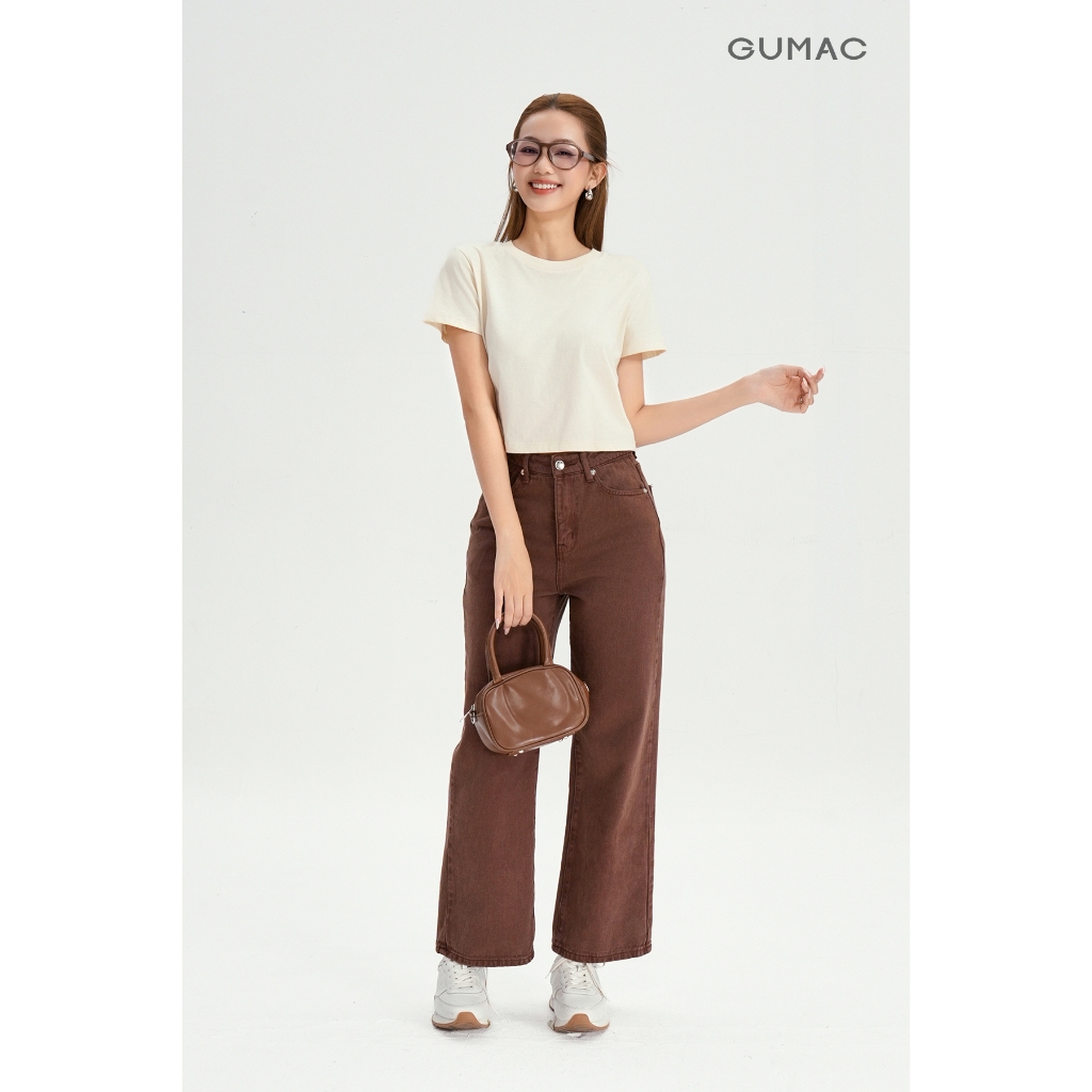 Quần Jean Nữ GUMAC - Gmorning Ống Suông Rộng Denim Cao Cấp Thêu Icon GMOR Màu Nâu Cá Tính YQJF10060